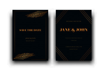 Minimalist wedding invitation card template design, simple botanical wedding flyers with golden palm leaves, golden and dark blue theme. Vector illustration