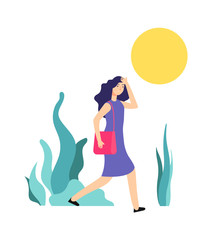 Hot weather. Sunny summer day, woman walks. Girl is hot, heat or sunstroke. Wrong summertime behavior vector illustration. Sun hot and woman sunstroke, dehydration and warm