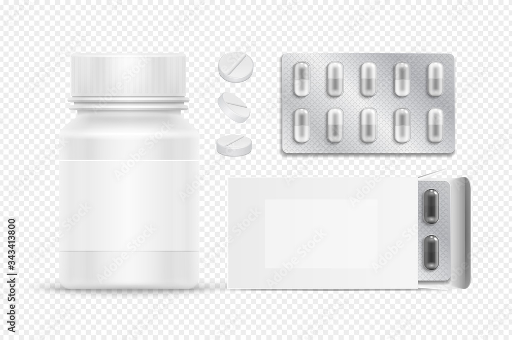 Wall mural Medical packs. White pills plastic bottle and cardboard box. Realistic drugs in silver blister. Isolated antibiotic or aspirin tablets vector illustration. Medical tablet, antibiotic and pharmacy