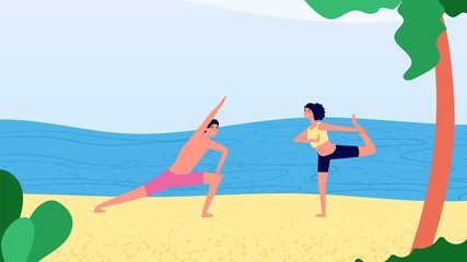 Morning yoga on beach. Man woman workout near ocean. Relax time, vacation or tourism. Summer outdoor stretching training vector illustration. Yoga beach morning, woman exercise sport and relax