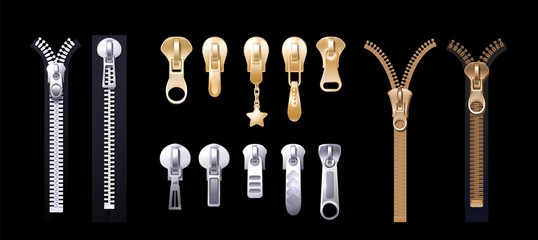 Silver golden zippers. Realistic pulls. Metal platinum fasteners for apparel. Clothing garment components, accessorises and shoes vector set. Component clasp and zip, fastener clothing illustration