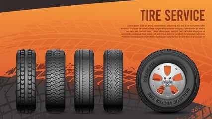 Tire service banner. Tires, car wheels poster. Autos repair, wheel replacement vector illustration. Tyre rubber business, auto repair service