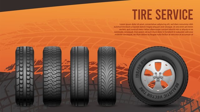 Tire service banner. Tires, car wheels poster. Autos repair, wheel replacement vector illustration. Tyre rubber business, auto repair service