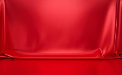 Red luxury studio background with abstract shiny fabric cover. Luxurious royal backdrops and vivid...