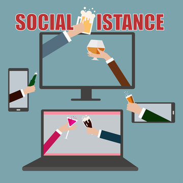 People Celebrating Online Party After Working,work From Home Or Social Distance In Covid-19 Concept
