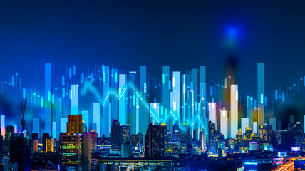 Obraz premium Business people hold a tablet, plan and strategy and display virtual holograms of statistics, financial graphs, securities and charts on a dark background. The concept of business growth