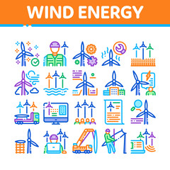 Wind Energy Technicians Collection Icons Set Vector. Repair And Research, Delivery Details Truck And Installing Machine, Energy Industry Concept Linear Pictograms. Color Illustrations