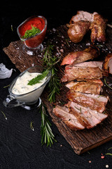 Fresh shish kebab with rosemary and two kinds of sauce