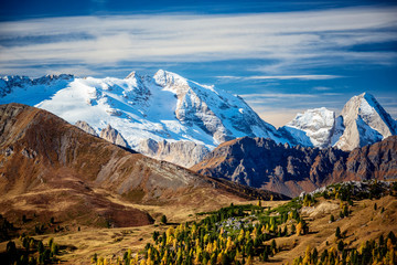 Marmolada Glacier seen from Valparola pass in Autumn. Trentino Alto Adige, Italy