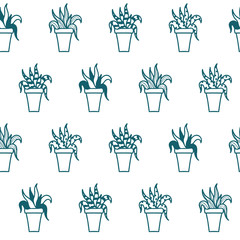 Vector Hand Drawn Aloe Pots in Pastel Green seamless pattern background.