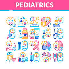Pediatrics Medical Collection Icons Set Vector. Child And Pediactrics Nurse, Baby On Electronic Scale And Healthcare Cream Concept Linear Pictograms. Color Illustrations