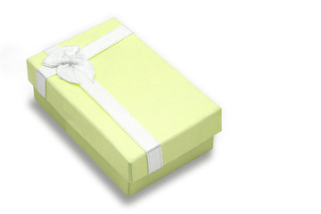 close up yellow gift box  rectangle with white ribbon isolated on white background
