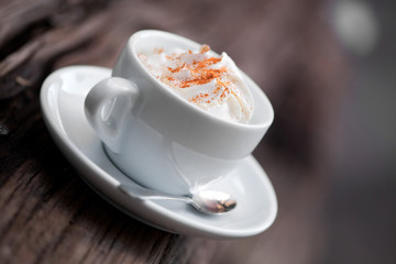 Cappuccino cup with whipped cream and cinnamon shot outdoors