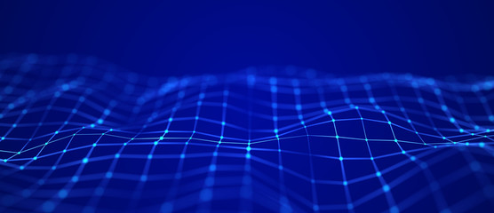 Abstract blue futuristic background. Big data visualization. Digital dynamic wave of particles. 3D rendering.