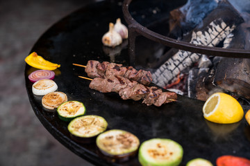 Kebab meat and sliced vegetables cooking on a fire, grill.