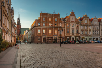 Naklejka premium Spring view of city Opole in Silesia in Poland. Historical old town in gold light.