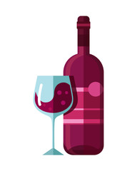 Wine bottle and glass of red wine for restaurant, café menu. Bottle of alcohol. Vector illustration isolated on white background