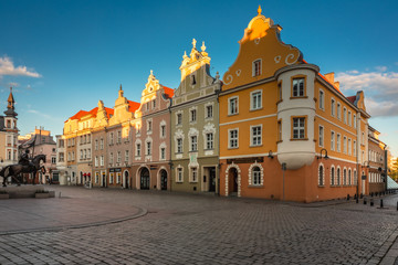 Fototapeta na wymiar Spring view of city Opole in Silesia in Poland. Historical old town in gold light.