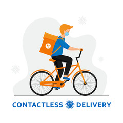 Contactless delivery by cycle during coronavirus outbreak. Courier in a medical mask on bike with parcel box on the back delivering food. Ecological fast and free delivery concept in flat design.