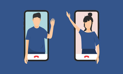 Graphic illustration about Viedo call. Mobile phone, Social Distancing.Flat design