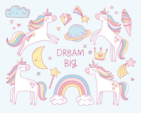 Set of cute cartoon unicorns and magical elements. Vector illustration for girl birthday party, nursery posters.