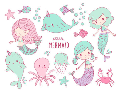 Vector illustration of cute mermaid with colorful hair and other under the sea elements. Little mermaid, fishes, sea animals and starfish, vector illustration collection
