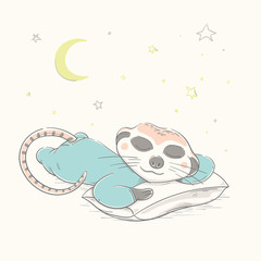 Lovely cute meerkat is sleeping on a pillow. Little meerkat dressed in beautiful blue pajamas. - 343420423