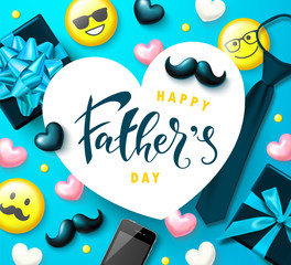 Greeting card for father's day. Decorative elements - Yellow emoticons, tie, glasses, phone, mustache and hearts on a blue background. Vector illustration