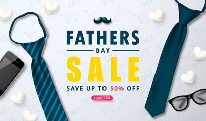 Happy Father's Day sale web banner with tie, glasses, mustache, phone and white hearts.Design template for posters,flyers, invitation, promotional materials, brochure, voucher discount.