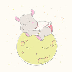 Lovely cute rhino is sleeping on moon. Beautiful rhino dressed in girl pajamas with small skirt. - 343420879