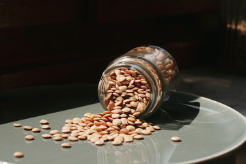 green lentils in a glass jar