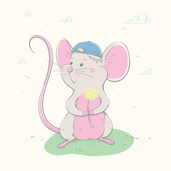 Lovely cute mouse in a cap holds a yellow flower. Beautiful mouse is stand on summer grass. - 343421024