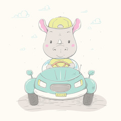 Lovely cute rhino rides a car on a summer road. Beautiful young rhino wearing yellow cap. - 343421044