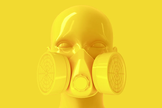 Minimalistic glamorous background with a woman's shiny porcelain face and a respirator on a yellow background. 3D illustration.