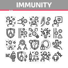 Immunity Human Biological Defense Icons Set Vector. Protective Bacterias, Syringe And Shield, Vitamin And Healthcare Pills For Immunity Concept Linear Pictograms. Monochrome Contour Illustrations