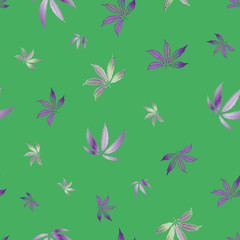 Cannabis leaves seamless vector pattern background. Hand drawn green and purple hemp foliage backdrop. Elegant botanical marijuana design. All over print for wellness, health concept,packaging, print