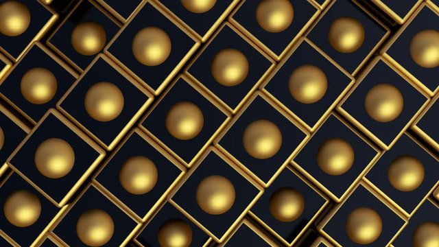 Minimalist cubic and sphere geometric abstract background. Golden and Black minimal pattern of abstract wave animation. Geometric motion background. Seamless loop animation.