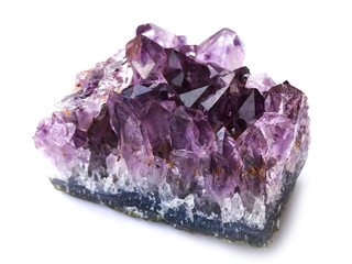 purple rough amethyst quartz crystals on white background
