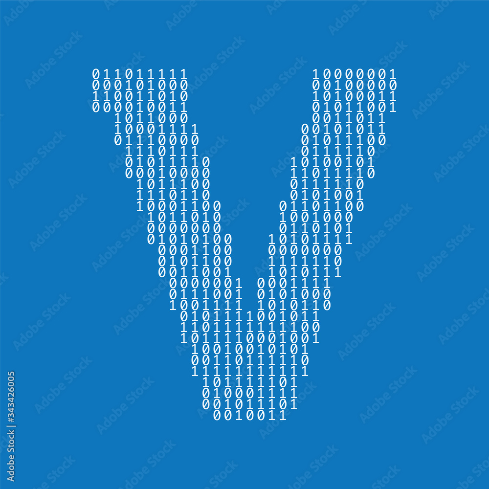 Poster letter v made from binary code digits. technology background