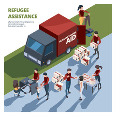 Volunteer working. Caring team helping to homeless persons social donation aid elderly van with cargo packages vector isometric. Volunteer care and donate, group people support illustration