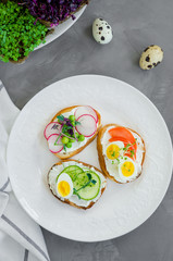 Variety of vegetarian sandwiches, toasts for breakfast with fresh vegetables, boiled quail eggs and micro greens on a plate on a dark concrete background. Vertical orientation. Top view.