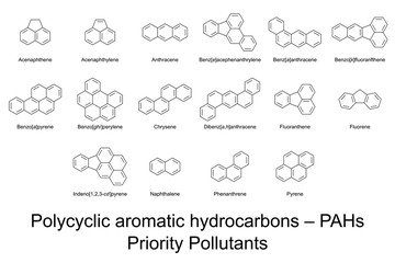 Priority Pollutants. 16 polycyclic aromatic hydrocarbons, PAHs, identified by US EPA. Carcinogenic substances in air, water and soil. Skeletal formulas and molecular structures. Illustration. Vector. - obrazy, fototapety, plakaty