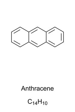 Anthracene skeletal formula and molecular structure. Polycyclic aromatic hydrocarbon, PAH. A component of coal tar and tobacco smoke. Structural formula. Illustration on white background. Vector.