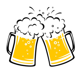 two hand drawn clinking beer mugs with foam - 343426693