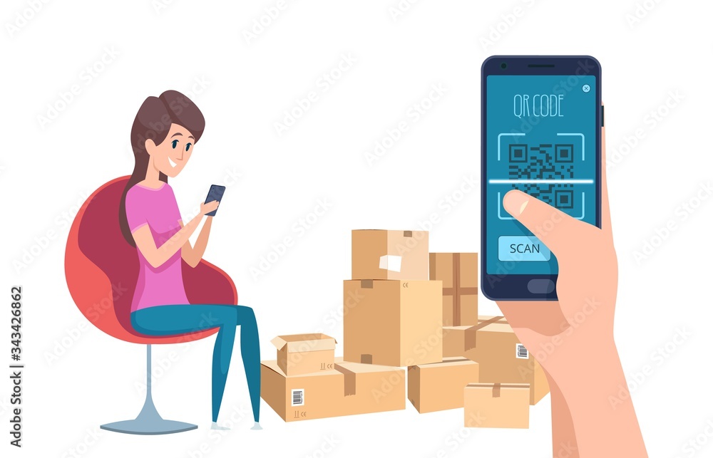 Poster qr code. girl finding information about parcels with phone and barcode identification vector illustr