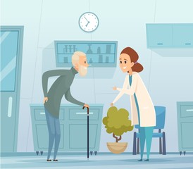 Medicine for elderly. Geriatrics, old man and doctor. Hospital visit, medical facility and nurse with patient vector illustration. Medical senior, health hospital, physician consultation