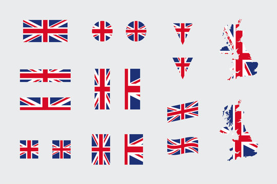 United Kingdom British Flag Icon Different Shapes Flat Vector Set