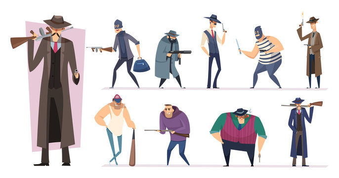 Mafia characters. Masked threat gangster brutal bandit with guns vector persons isolated. Killer and mafia gang, bandit and mobster, gangster brutal illustration