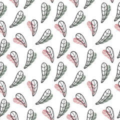 Seamless pattern with hand drawn floral herbal elements on a white background. Doodle, simple outline illustration. It can be used for decoration of textile, paper and other surfaces.