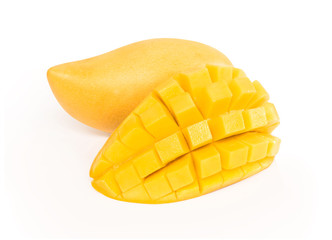 Closeup ripe mango tropical fruit with slice isolated on white background